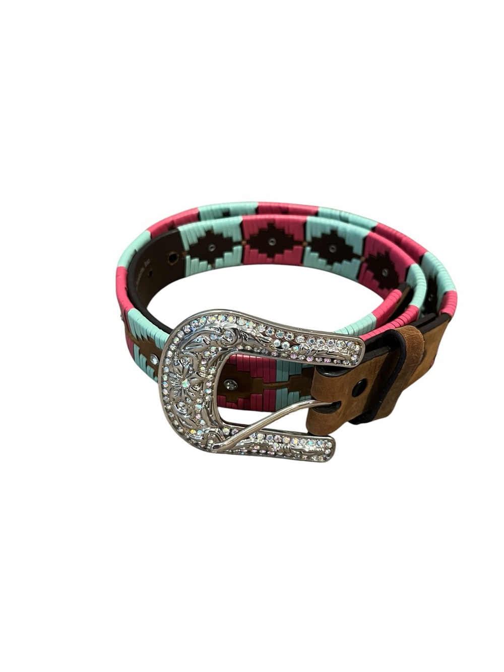 3D Leather Southwestern Lace Belt Pink Turquoise Rhinestone Embossed Buckle 30
